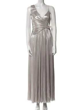 Retrofete Silver One-Shoulder Metallic Maxi Gown